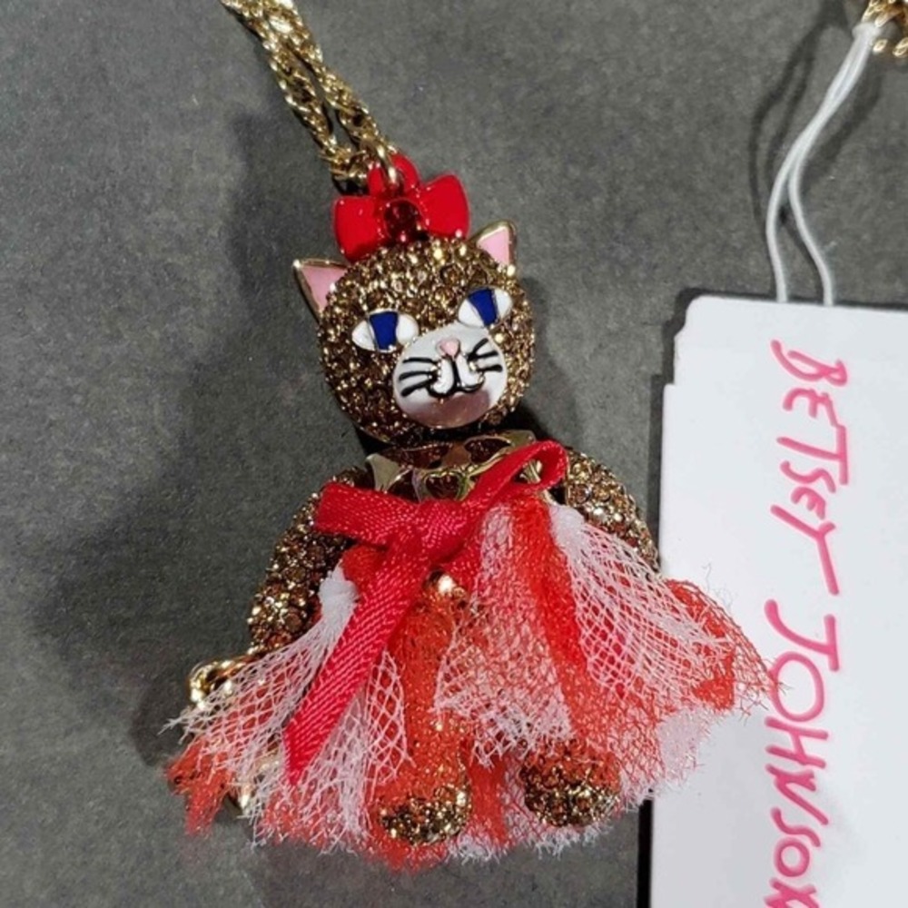 Betsey Johnson Gold‎ Tone Cat Charm Necklace Red White Blue Tutu Star New - Picture 4 of 10